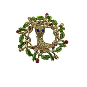 Vintage Gerrys Reindeer Wreath Brooch